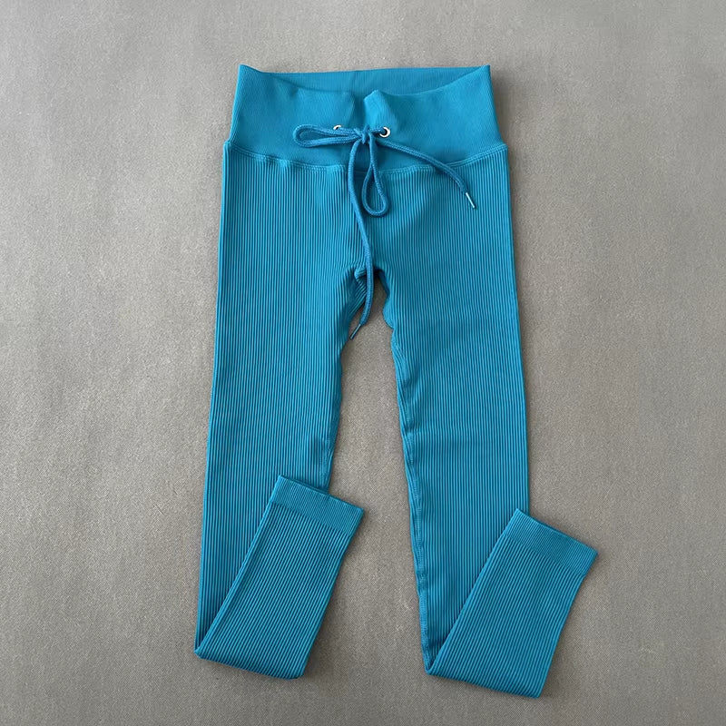 Yoga Pants Ribbed Leggings for Fitness Seamless High Waist Leggings Drawstring Push up Sports Tights Gym Clothing Trousers
