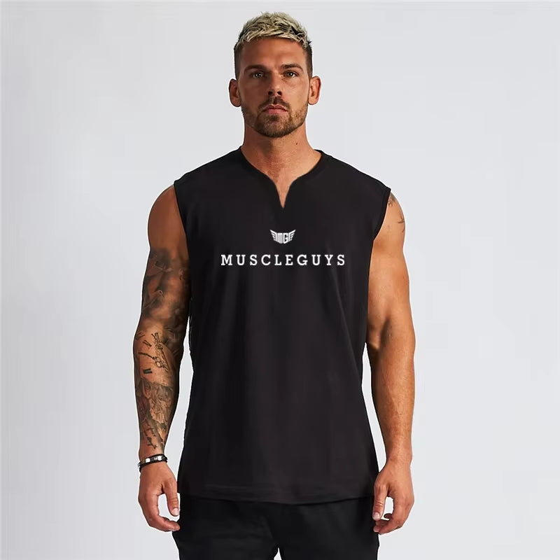 Brand Gym Clothing V Neck Compression Sleeveless Shirt Fitness Mens Tank Top Cotton Bodybuilding Tanktop Workout Vest