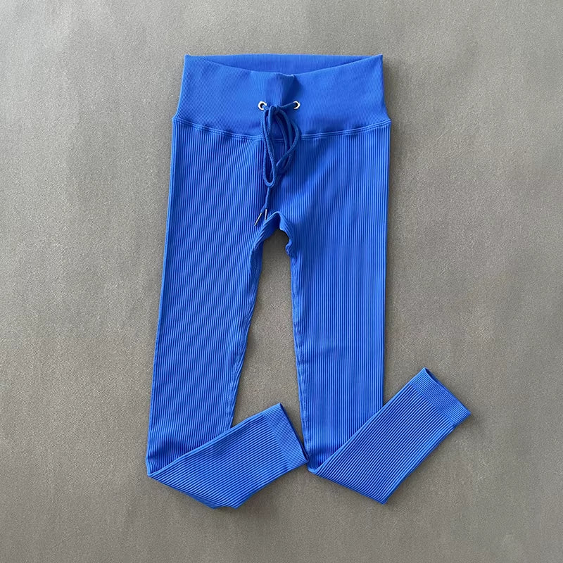 Yoga Pants Ribbed Leggings for Fitness Seamless High Waist Leggings Drawstring Push up Sports Tights Gym Clothing Trousers