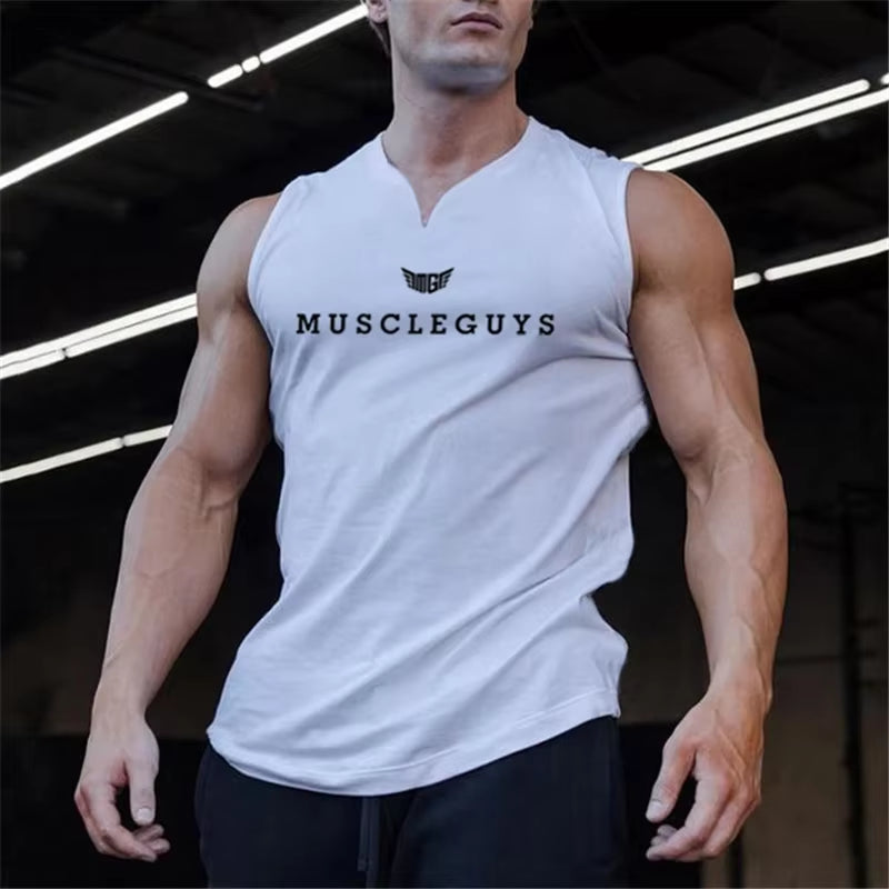 Brand Gym Clothing V Neck Compression Sleeveless Shirt Fitness Mens Tank Top Cotton Bodybuilding Tanktop Workout Vest