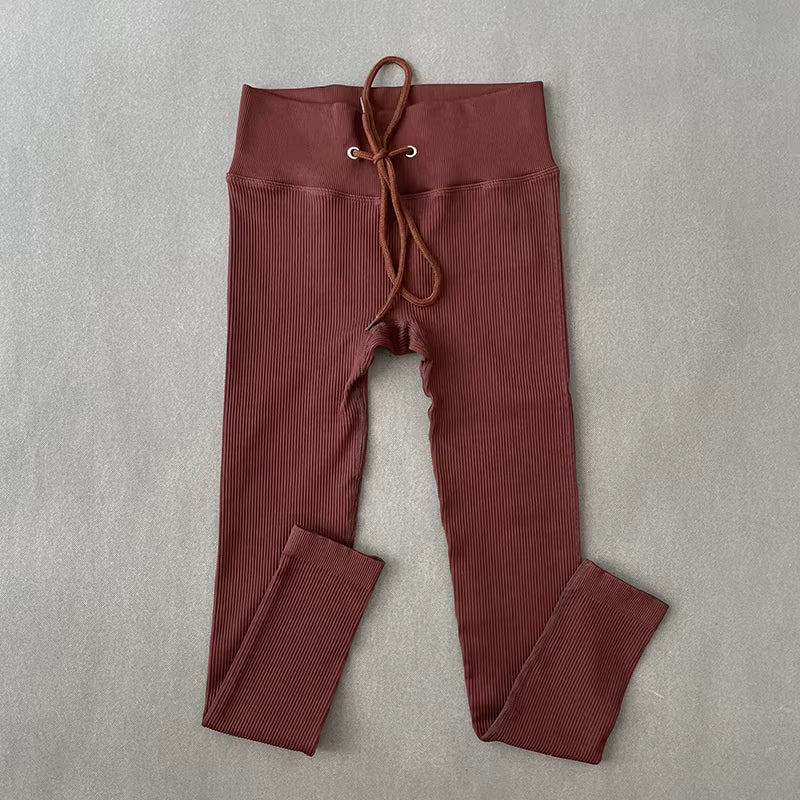 Yoga Pants Ribbed Leggings for Fitness Seamless High Waist Leggings Drawstring Push up Sports Tights Gym Clothing Trousers