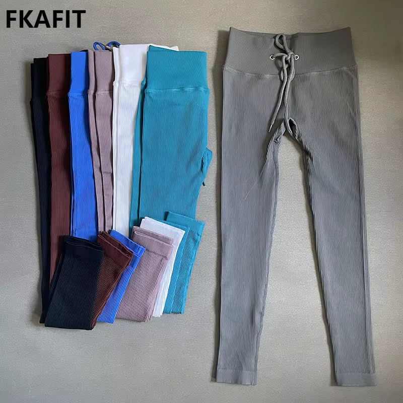 Yoga Pants Ribbed Leggings for Fitness Seamless High Waist Leggings Drawstring Push up Sports Tights Gym Clothing Trousers