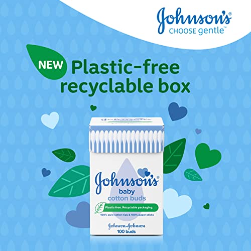 Johnson's Baby Cotton Buds (1 x Pack of 200) Soft & Gentle Ear Buds for Delicate Skin, Made of 100% Pure Cotton and Paper Sticks, Plastic-Free to Clean Delicate Areas, around Eyes and Outer Ear