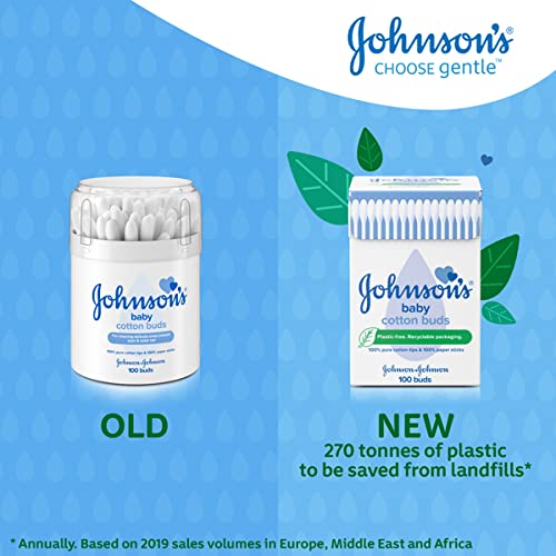 Johnson's Baby Cotton Buds (1 x Pack of 200) Soft & Gentle Ear Buds for Delicate Skin, Made of 100% Pure Cotton and Paper Sticks, Plastic-Free to Clean Delicate Areas, around Eyes and Outer Ear
