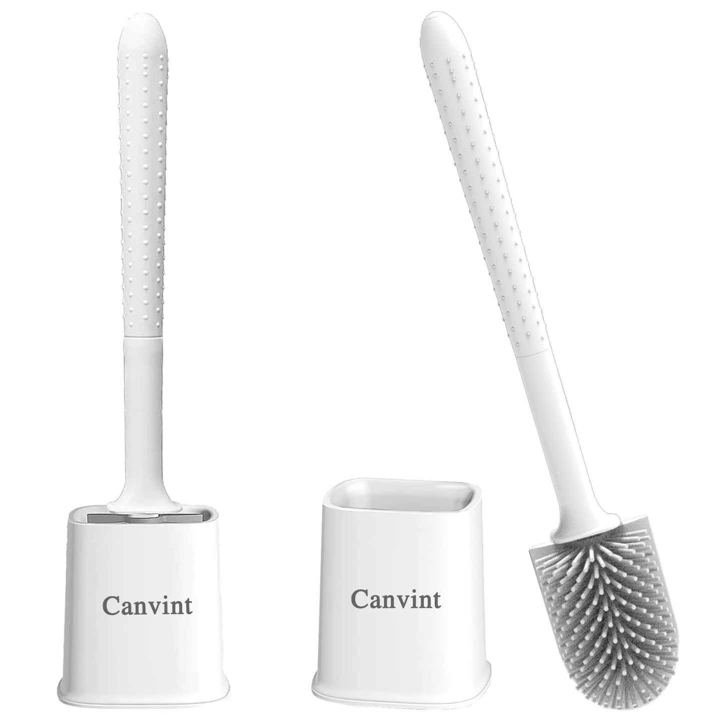 Toilet Brush, 2 Pack Bathroom Silicone Toilet Brushes and Holder Sets with No-Slip Long Plastic Handle and Soft Flexible Bristles, Toilet Brushes with holders and Base for Anti-drip (White)