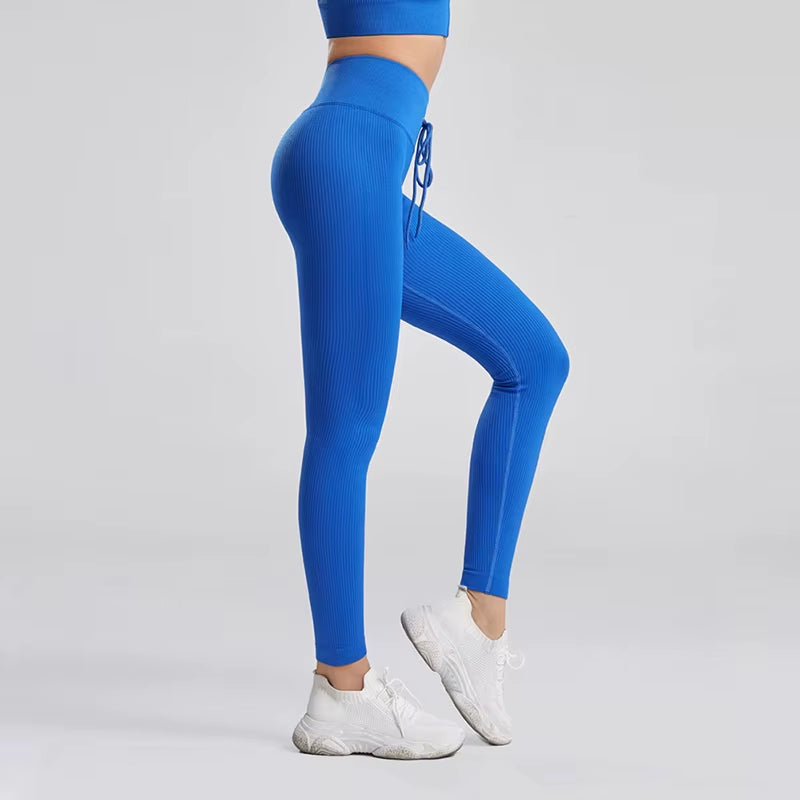 Yoga Pants Ribbed Leggings for Fitness Seamless High Waist Leggings Drawstring Push up Sports Tights Gym Clothing Trousers