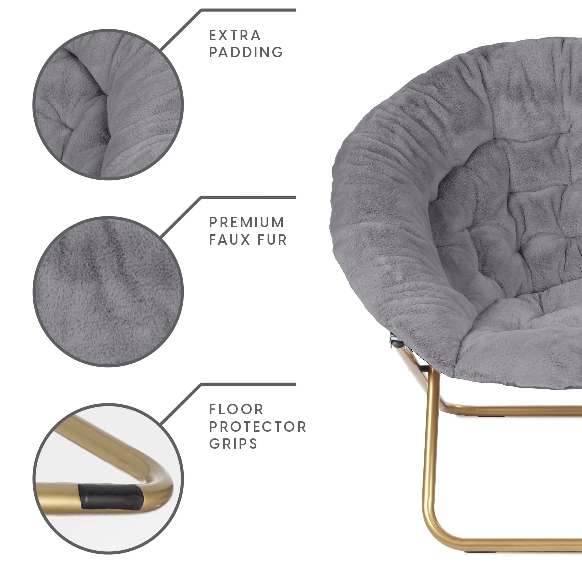 Milliard Accent Chair, Faux Fur Cozy Chair for Bedroom/X-Large (Grey Fur, Gold Metal)