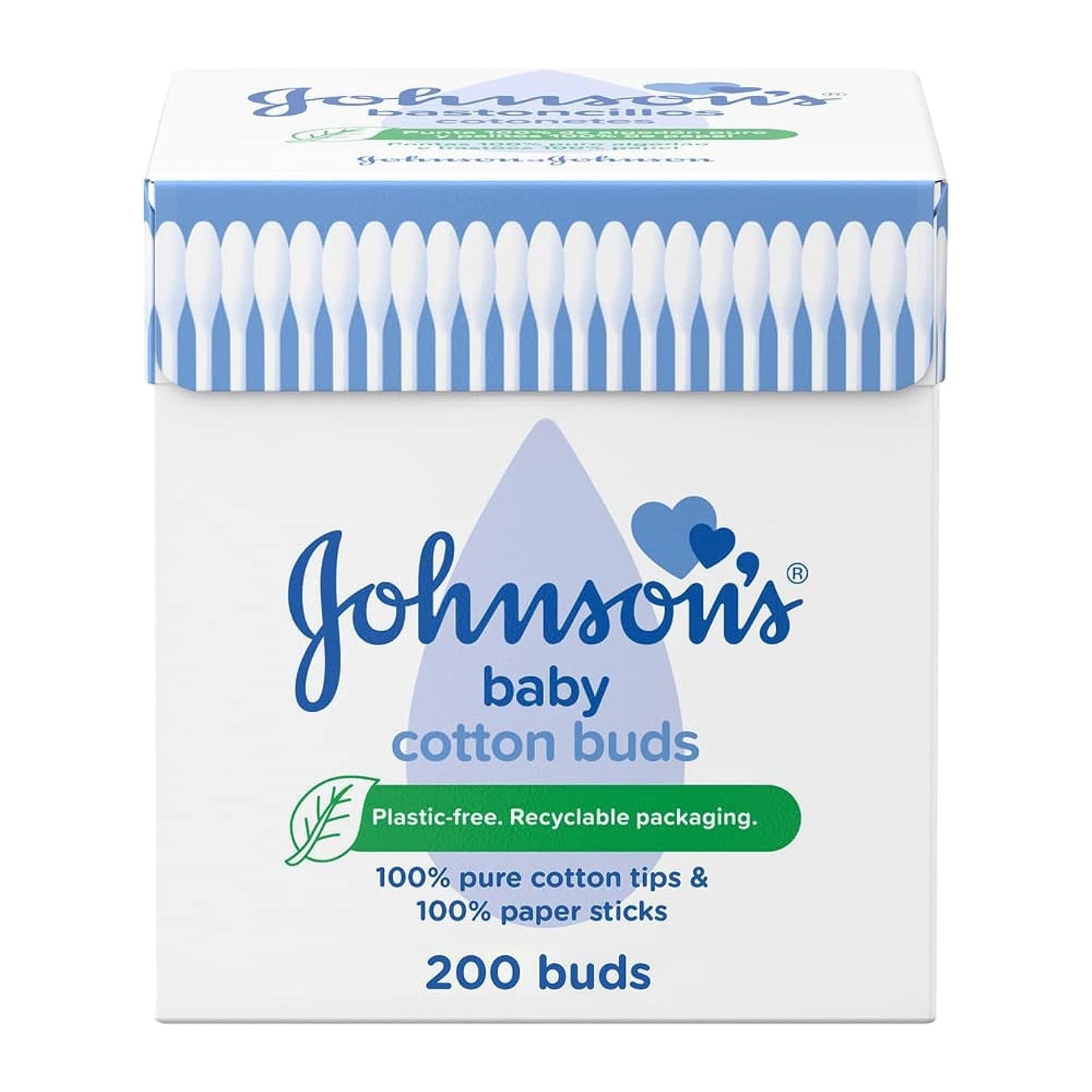 Johnson's Baby Cotton Buds (1 x Pack of 200) Soft & Gentle Ear Buds for Delicate Skin, Made of 100% Pure Cotton and Paper Sticks, Plastic-Free to Clean Delicate Areas, around Eyes and Outer Ear