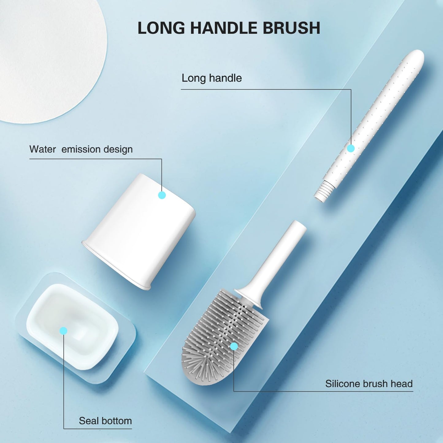 Toilet Brush, 2 Pack Bathroom Silicone Toilet Brushes and Holder Sets with No-Slip Long Plastic Handle and Soft Flexible Bristles, Toilet Brushes with holders and Base for Anti-drip (White)