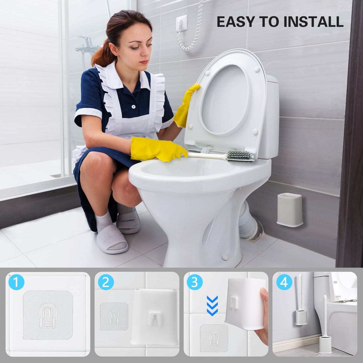 Toilet Brush, 2 Pack Bathroom Silicone Toilet Brushes and Holder Sets with No-Slip Long Plastic Handle and Soft Flexible Bristles, Toilet Brushes with holders and Base for Anti-drip (White)