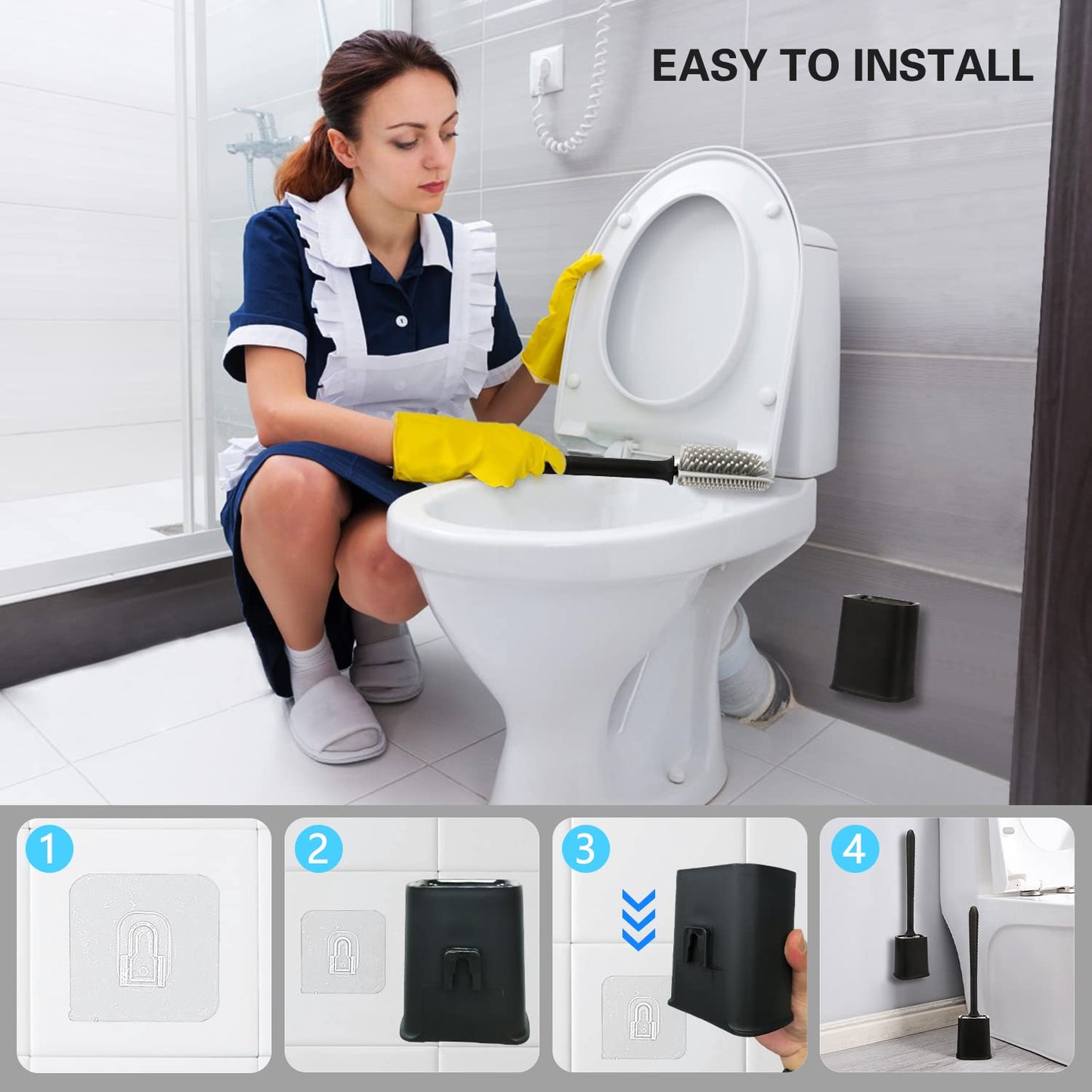 Toilet Brush, 2 Pack Bathroom Silicone Toilet Brushes and Holder Sets with No-Slip Long Plastic Handle and Soft Flexible Bristles, Toilet Brushes with holders and Base for Anti-drip (White)