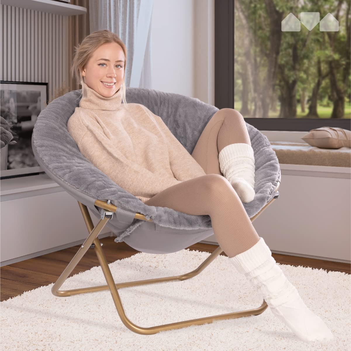 Milliard Accent Chair, Faux Fur Cozy Chair for Bedroom/X-Large (Grey Fur, Gold Metal)