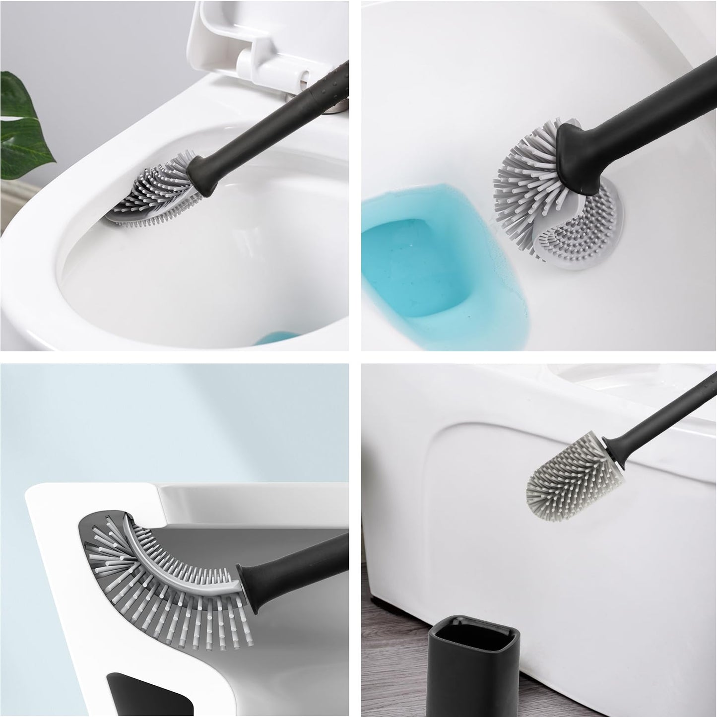 Toilet Brush, 2 Pack Bathroom Silicone Toilet Brushes and Holder Sets with No-Slip Long Plastic Handle and Soft Flexible Bristles, Toilet Brushes with holders and Base for Anti-drip (White)