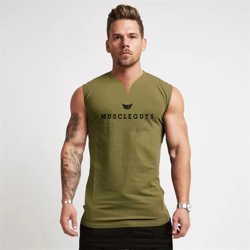 Brand Gym Clothing V Neck Compression Sleeveless Shirt Fitness Mens Tank Top Cotton Bodybuilding Tanktop Workout Vest