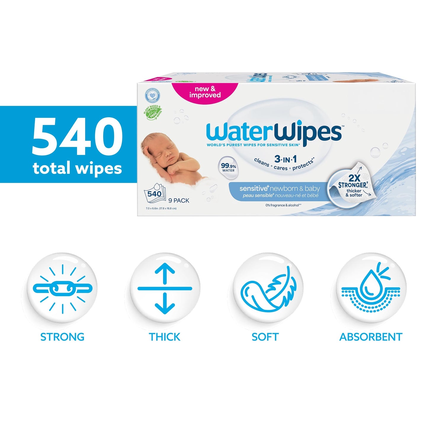 WaterWipes Sensitive+ Newborn & Baby Wipes, 720 Count (12 Packs), 3-In-1 Cleans, Cares, Protects, 99.9% Water, Unscented