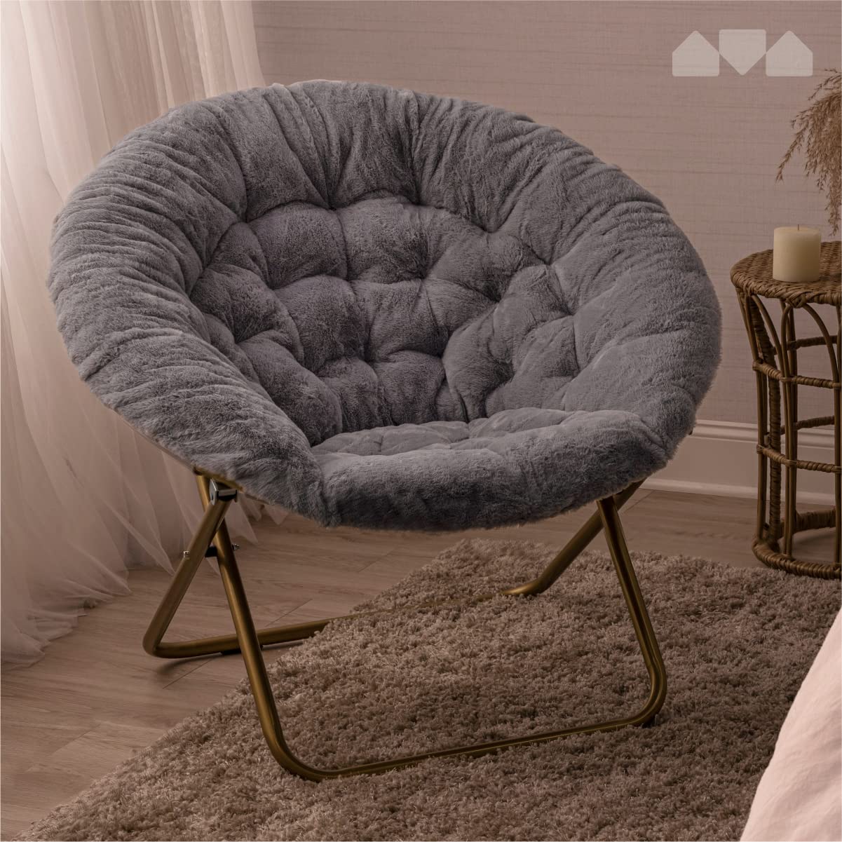 Milliard Accent Chair, Faux Fur Cozy Chair for Bedroom/X-Large (Grey Fur, Gold Metal)