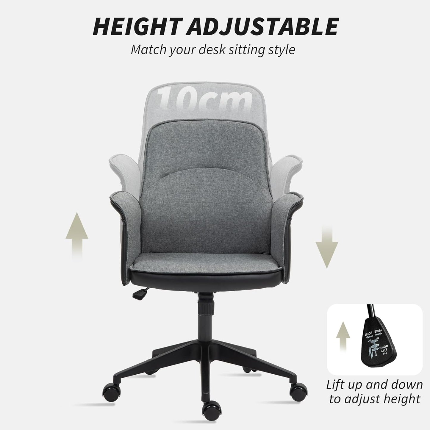 HOMCOM Home Office Chair, Upholstered Linen Desk Chair with Adjustable Height and Tilt Function, Swivel Chair for Home Office and Study Room, Grey