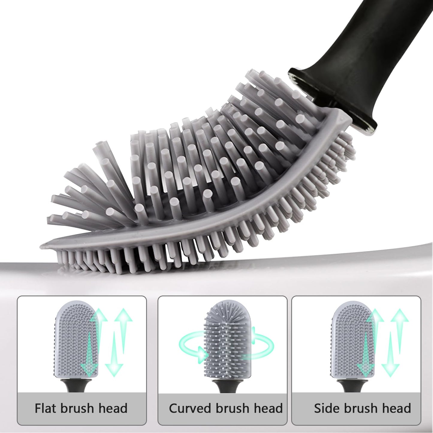 Toilet Brush, 2 Pack Bathroom Silicone Toilet Brushes and Holder Sets with No-Slip Long Plastic Handle and Soft Flexible Bristles, Toilet Brushes with holders and Base for Anti-drip (White)