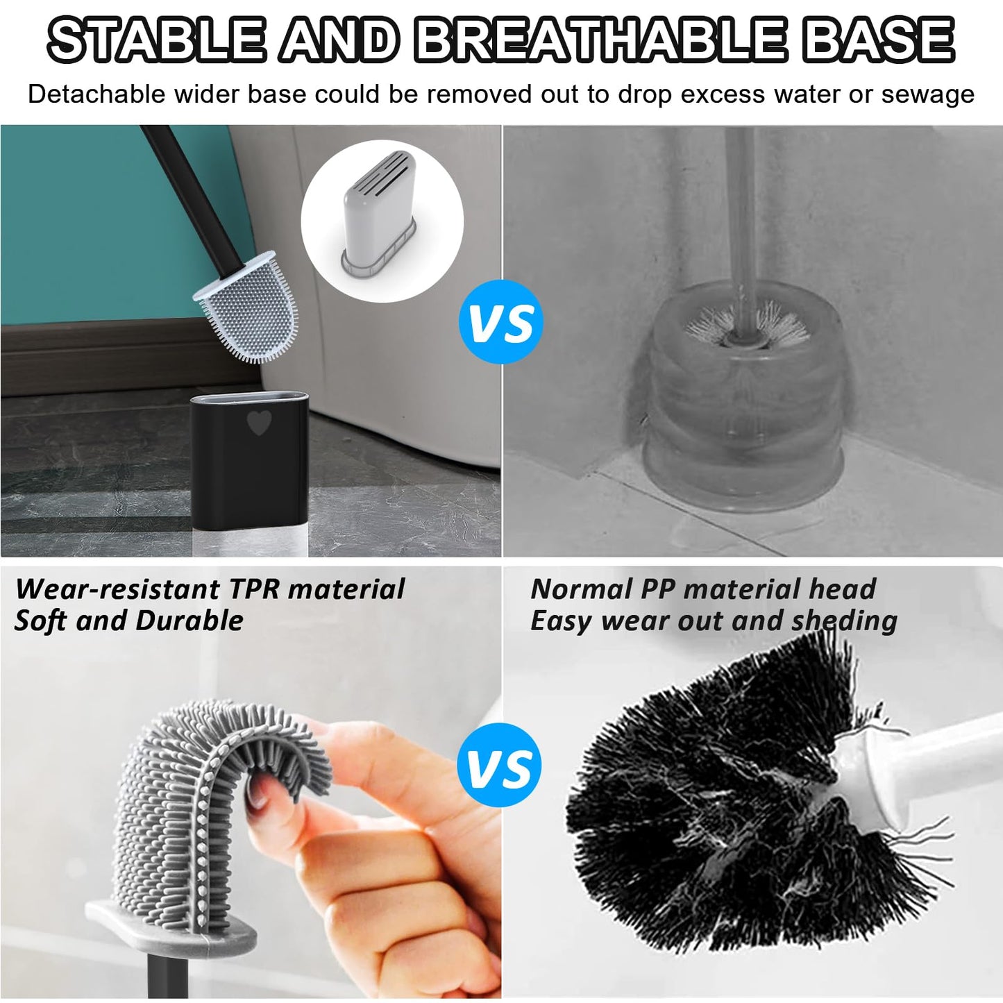 Toilet Brush, 2 Pack Bathroom Silicone Toilet Brushes and Holder Sets with No-Slip Long Plastic Handle and Soft Flexible Bristles, Toilet Brushes with holders and Base for Anti-drip (White)