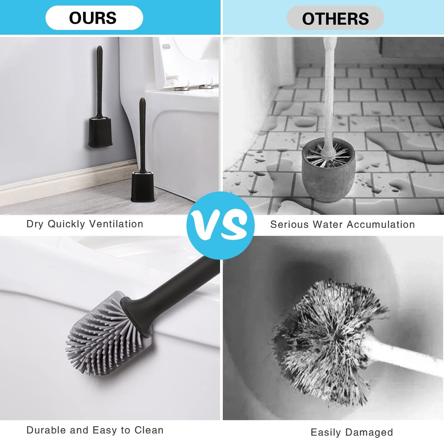 Toilet Brush, 2 Pack Bathroom Silicone Toilet Brushes and Holder Sets with No-Slip Long Plastic Handle and Soft Flexible Bristles, Toilet Brushes with holders and Base for Anti-drip (White)