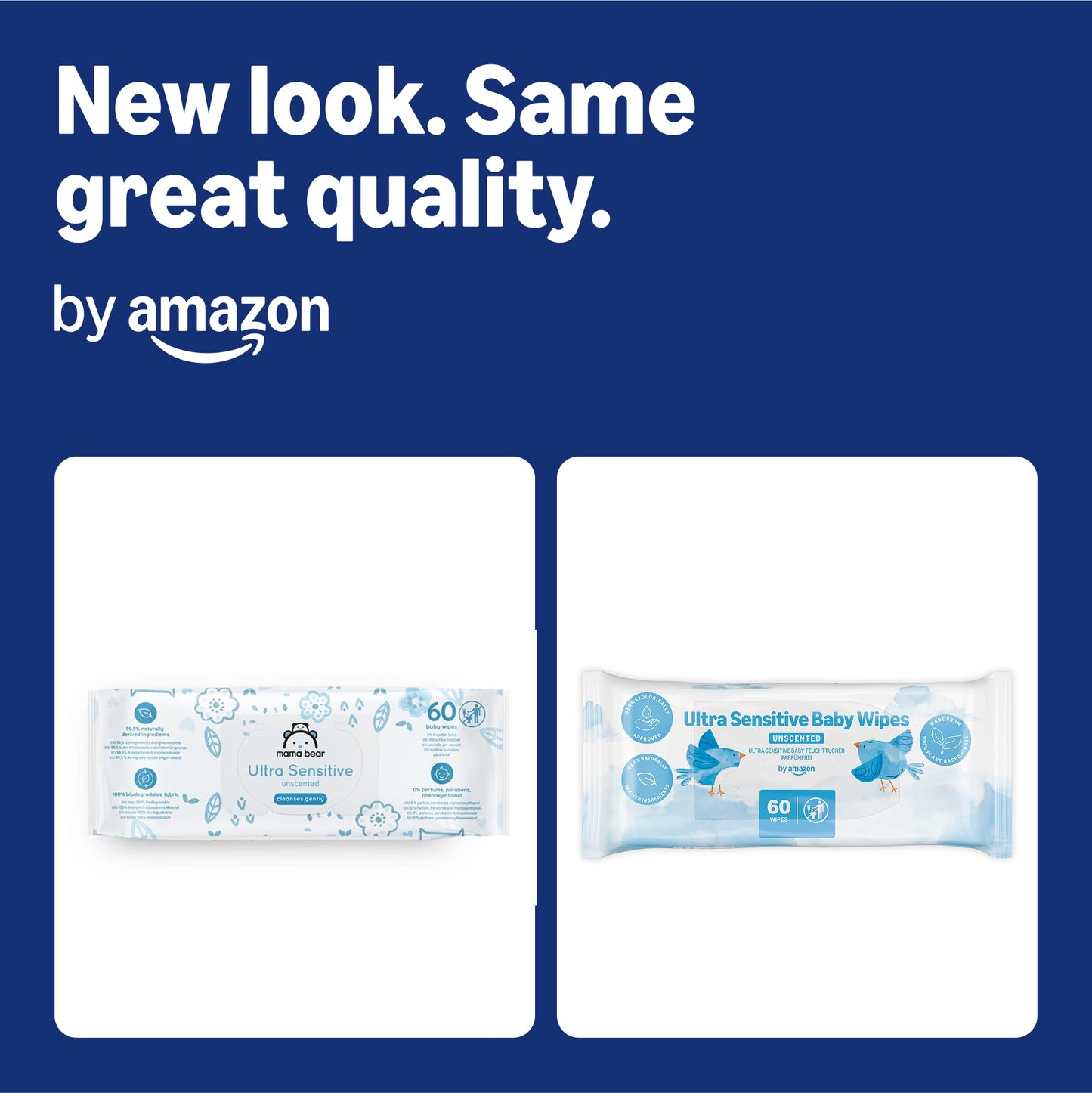 by Amazon Ultra Sensitive Baby Wipes, 99% Water, 1080 Wipes, Unscented, 18 Pack of 60, (Previously a Mama Bear brand, same product)