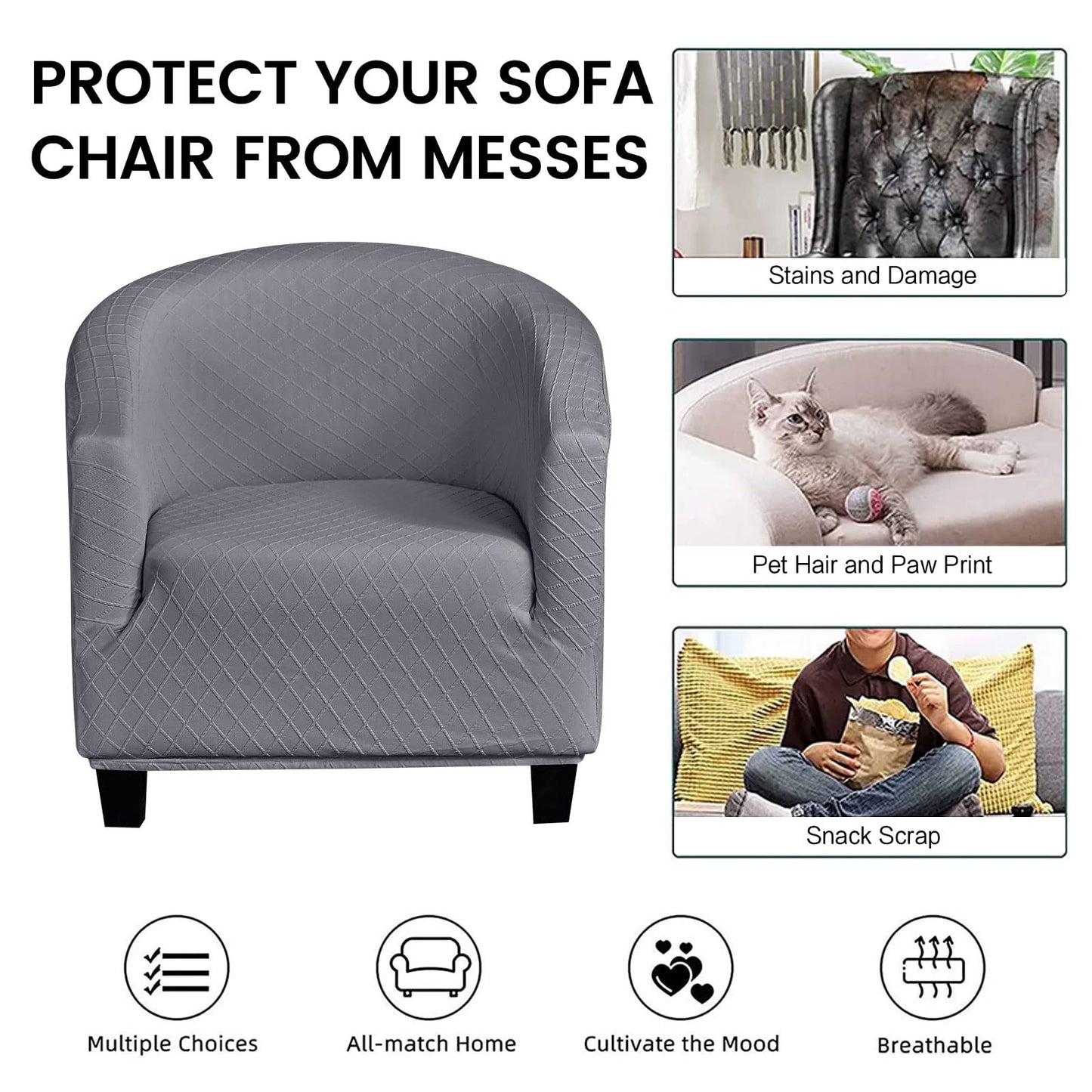 Mingfuxin Velvet Tub Chair Slipcover, High Stretch Club Chair Covers Washable Armchair Sofa Couch Covers Slipcovers Furniture Protectors for Dining Living Room Office(Gray, Velvet)