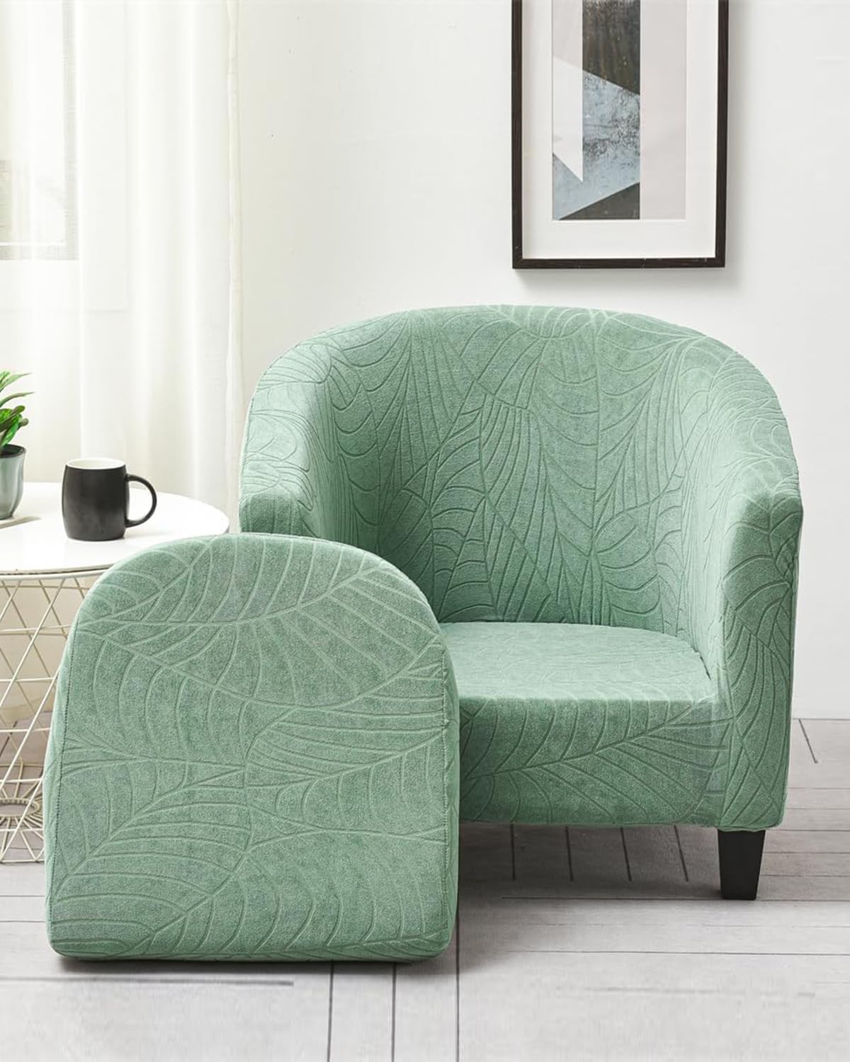 Highdi Tub Chair Cover 2 Piece, Jacquard Bucket Chair Covers Armchair Cover Club Armchair Slipcovers with Seat Cover | Stretch Removable Furniture Protector | Office Bar Reception -Green