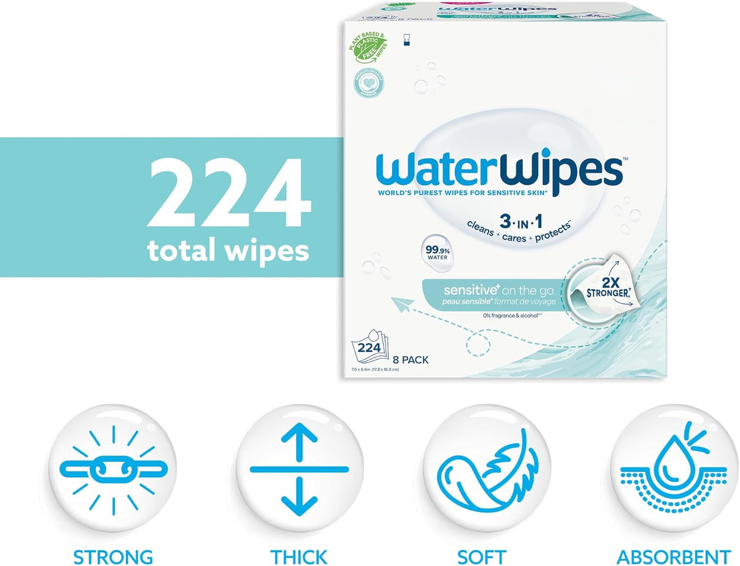 WaterWipes Sensitive+ On The Go Wipes, 224 Count (8 Packs), 3-In-1 Cleans, Cares, Protects, 99.9% Water, Unscented Wet Wipes