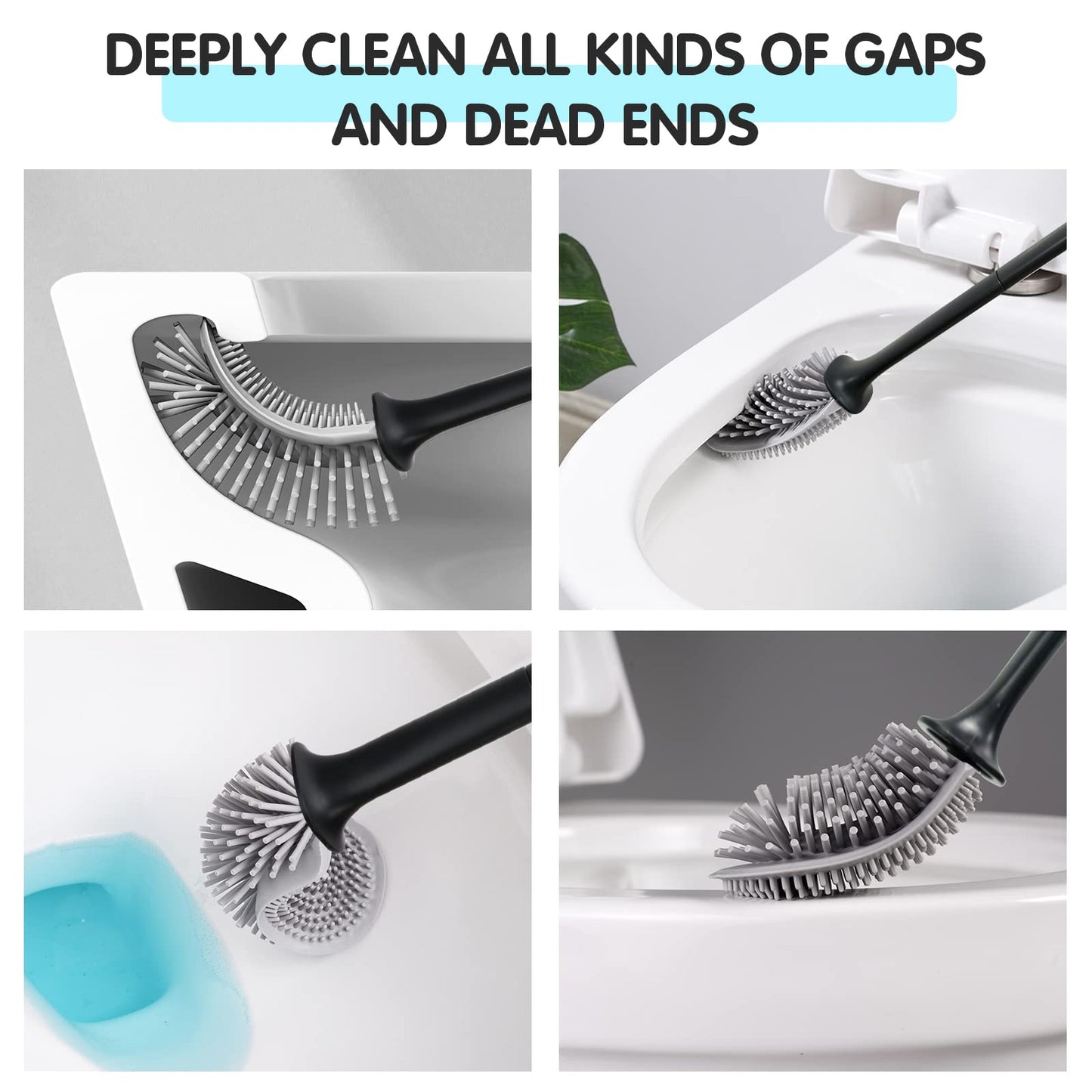 Toilet Brush, 2 Pack Bathroom Silicone Toilet Brushes and Holder Sets with No-Slip Long Plastic Handle and Soft Flexible Bristles, Toilet Brushes with holders and Base for Anti-drip (White)