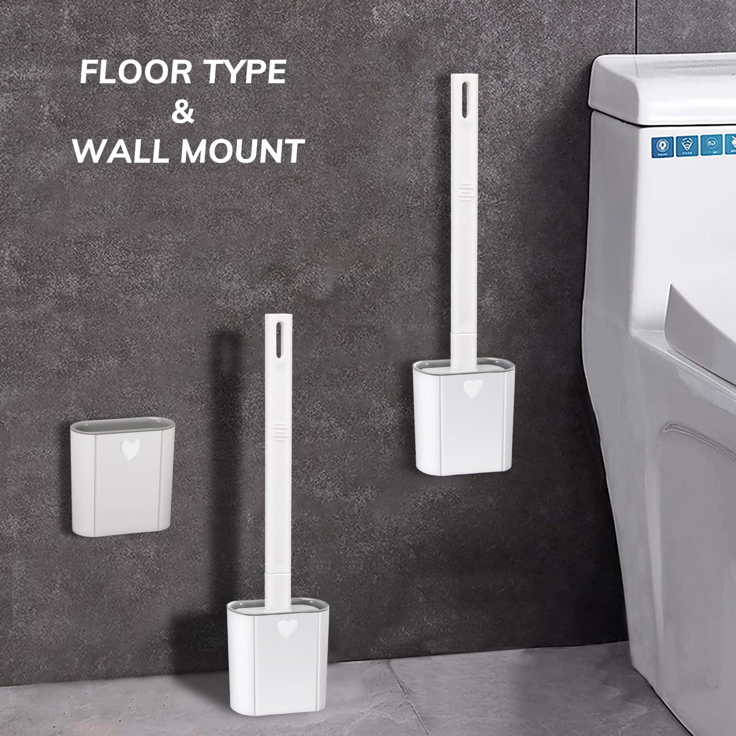 Toilet Brush, 2 Pack Bathroom Silicone Toilet Brushes and Holder Sets with No-Slip Long Plastic Handle and Soft Flexible Bristles, Toilet Brushes with holders and Base for Anti-drip (White)