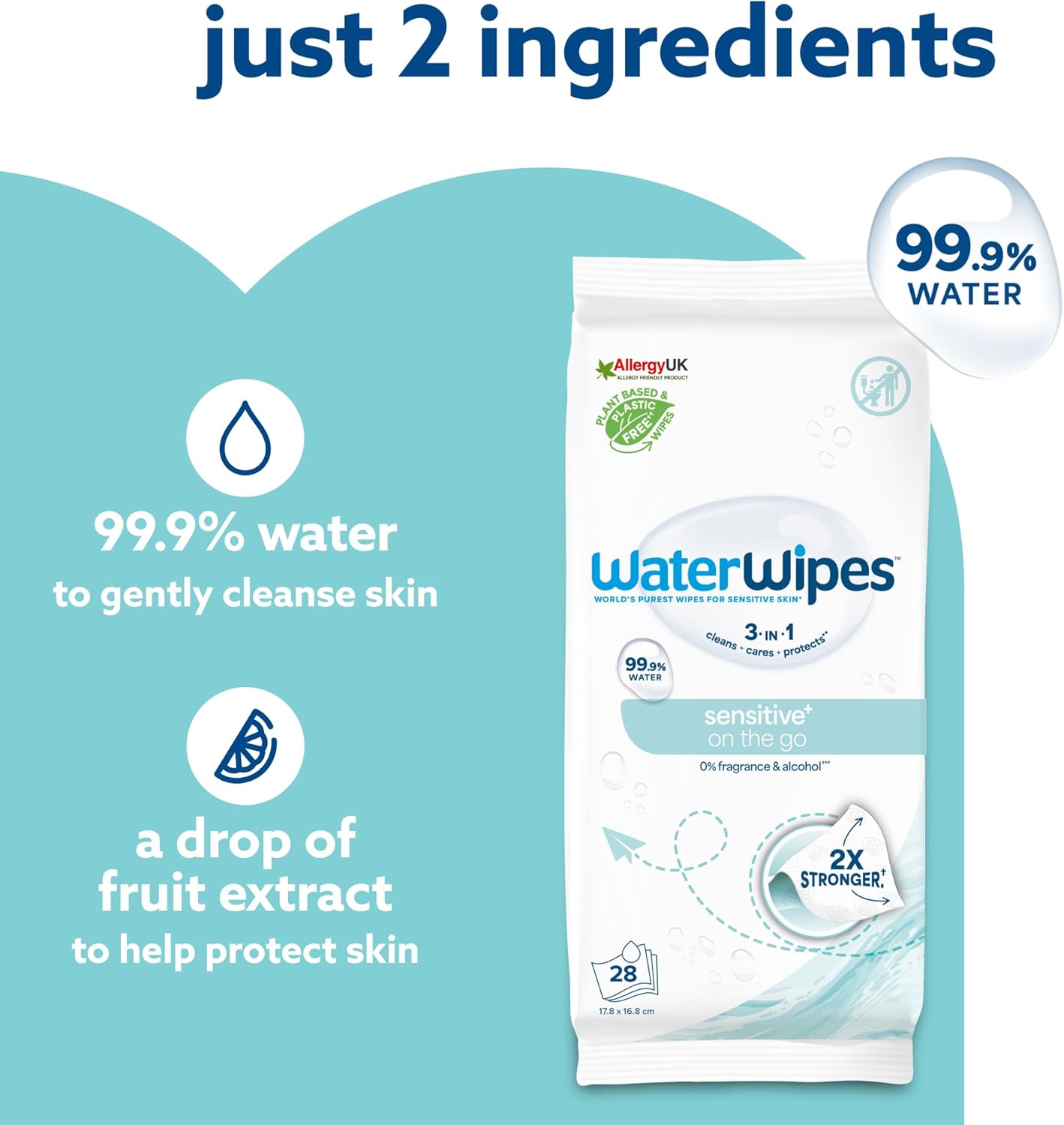 WaterWipes Sensitive+ On The Go Wipes, 224 Count (8 Packs), 3-In-1 Cleans, Cares, Protects, 99.9% Water, Unscented Wet Wipes