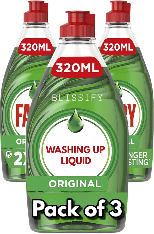 Blissify - Faairrry Original Washing Up Liquid - 320ml Bottles - Pack of 3 - Concentrated Dishwashing Detergent with 2X Longer Lasting Formula - Fresh Scent