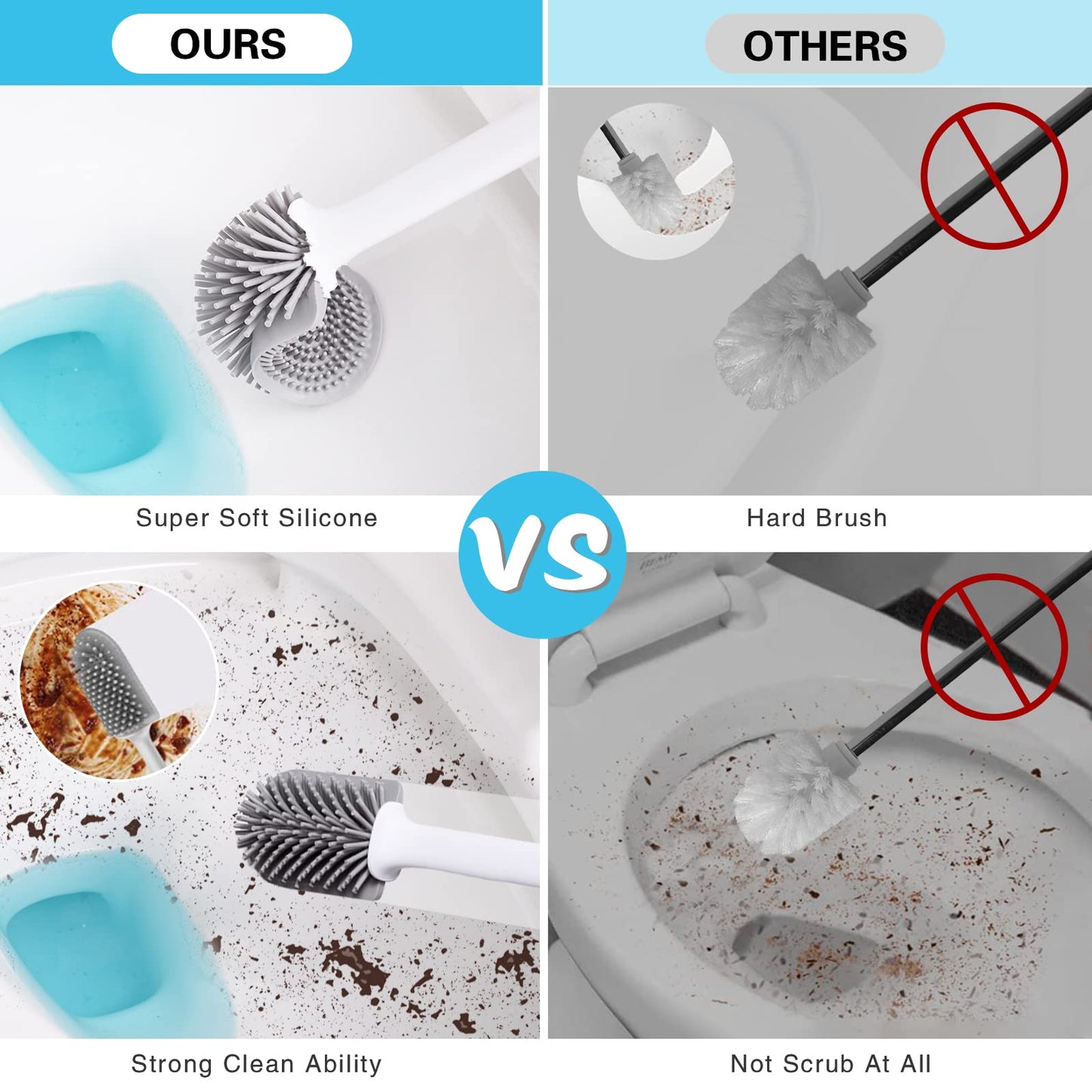 Toilet Brush, 2 Pack Bathroom Silicone Toilet Brushes and Holder Sets with No-Slip Long Plastic Handle and Soft Flexible Bristles, Toilet Brushes with holders and Base for Anti-drip (White)