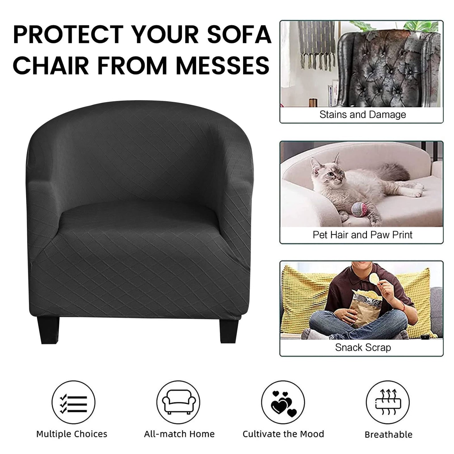 Mingfuxin Velvet Tub Chair Slipcover, High Stretch Club Chair Covers Washable Armchair Sofa Couch Covers Slipcovers Furniture Protectors for Dining Living Room Office(Gray, Velvet)