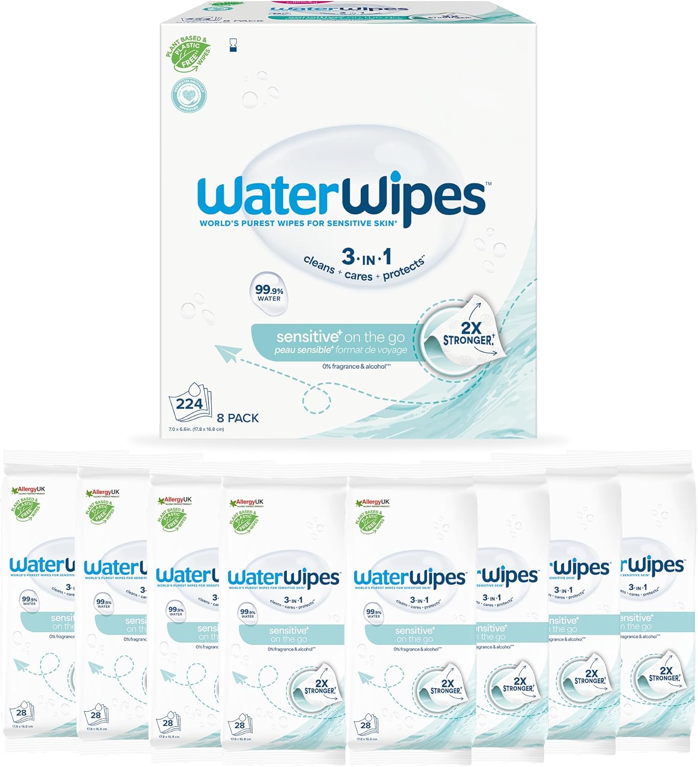 WaterWipes Sensitive+ On The Go Wipes, 224 Count (8 Packs), 3-In-1 Cleans, Cares, Protects, 99.9% Water, Unscented Wet Wipes