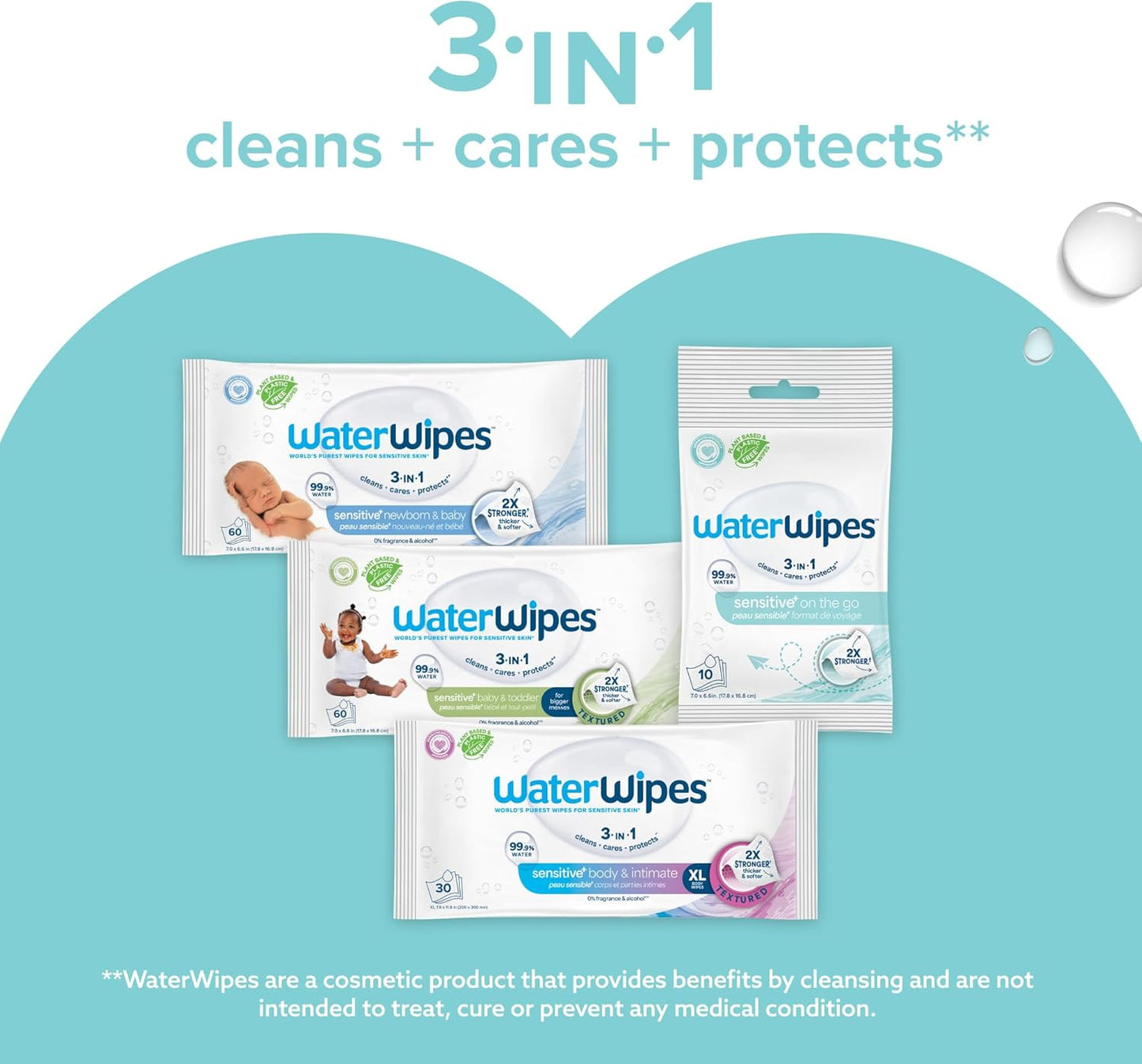 WaterWipes Sensitive+ On The Go Wipes, 224 Count (8 Packs), 3-In-1 Cleans, Cares, Protects, 99.9% Water, Unscented Wet Wipes