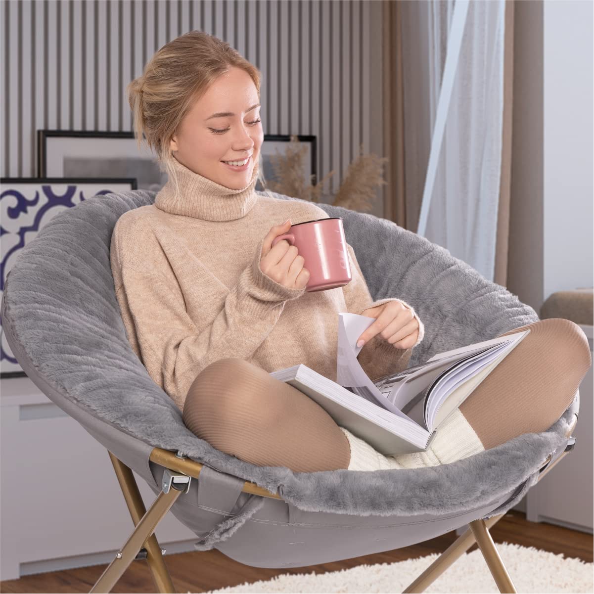 Milliard Accent Chair, Faux Fur Cozy Chair for Bedroom/X-Large (Grey Fur, Gold Metal)