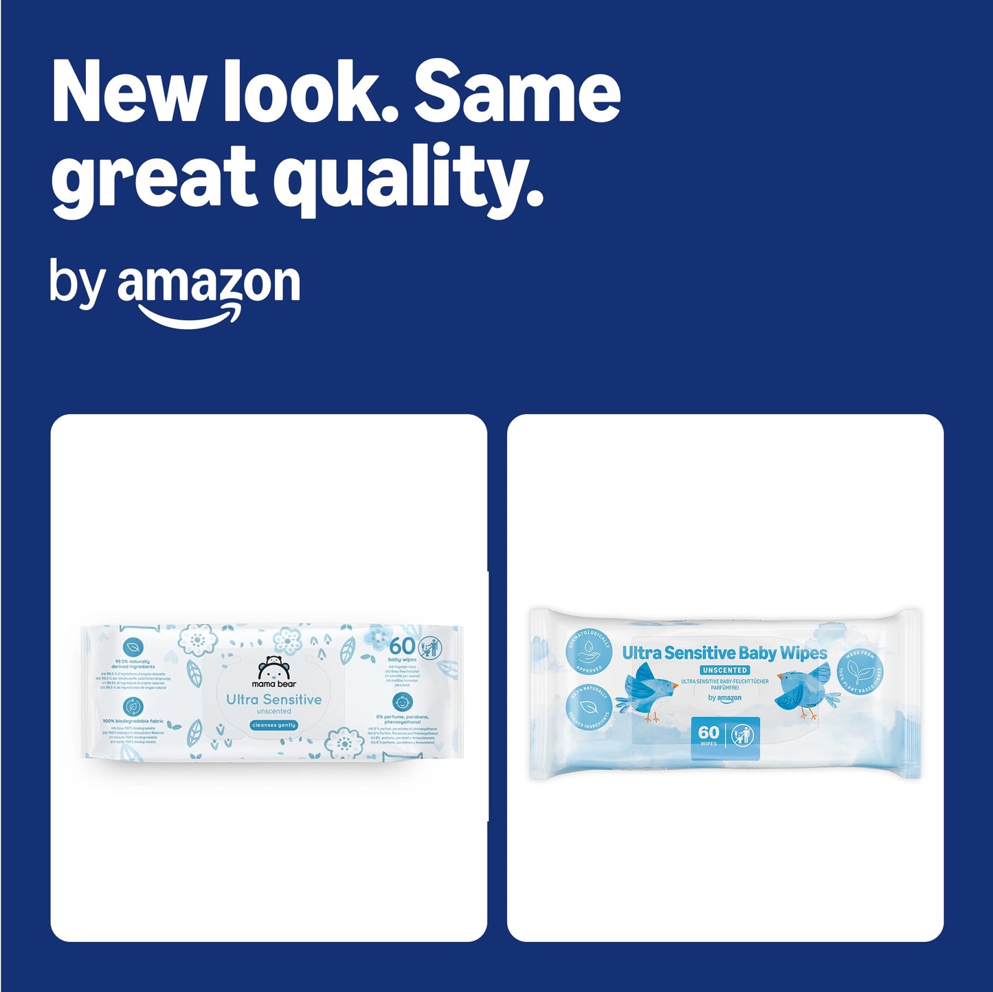 by Amazon Ultra Sensitive Baby Wipes, 99% Water, 1080 Wipes, Unscented, 18 Pack of 60, (Previously a Mama Bear brand, same product)