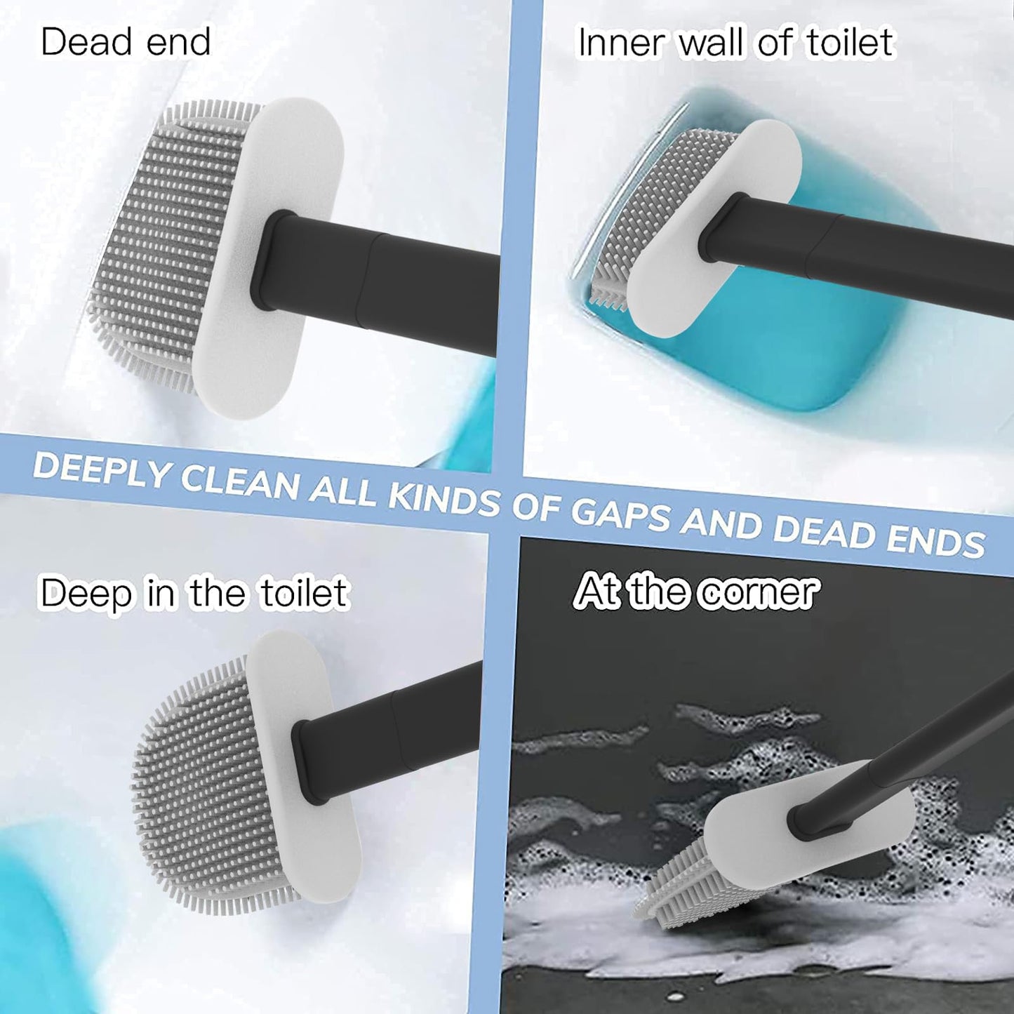 Toilet Brush, 2 Pack Bathroom Silicone Toilet Brushes and Holder Sets with No-Slip Long Plastic Handle and Soft Flexible Bristles, Toilet Brushes with holders and Base for Anti-drip (White)