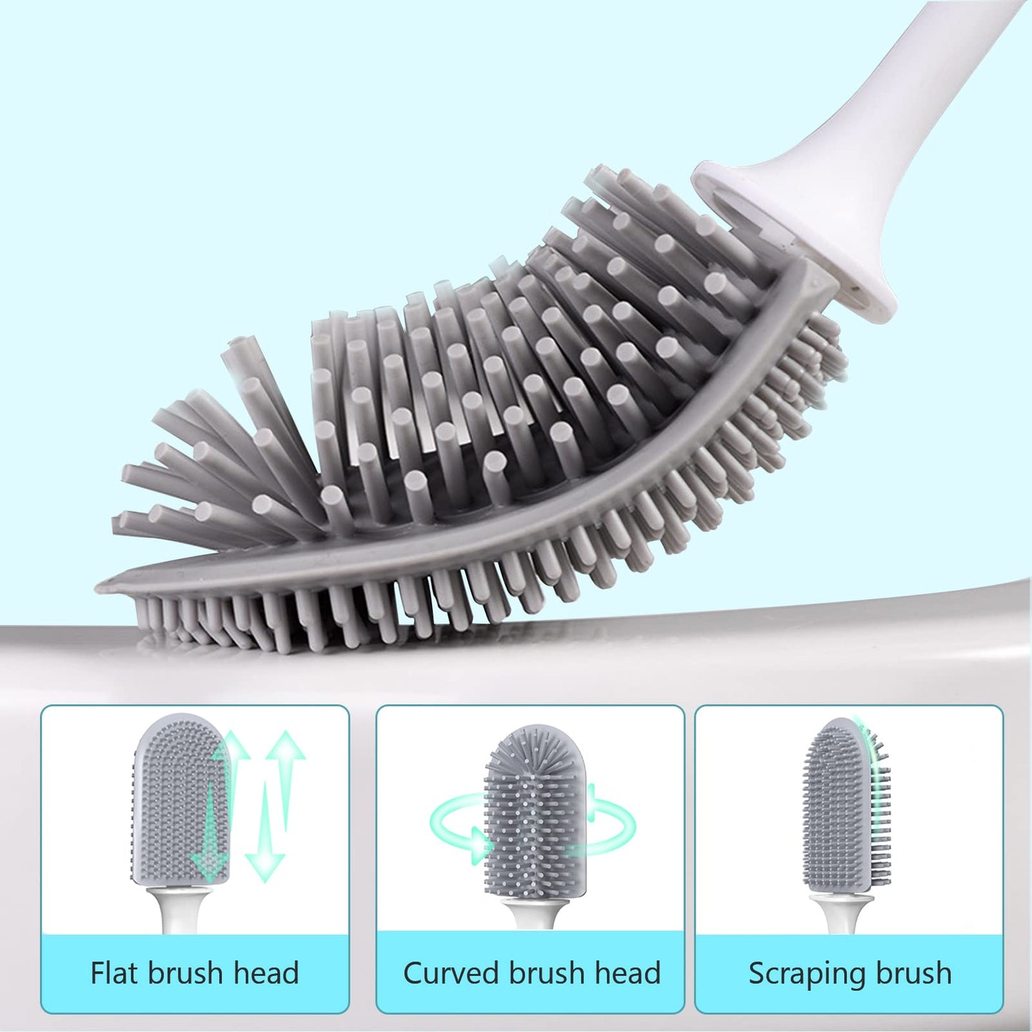 Toilet Brush, 2 Pack Bathroom Silicone Toilet Brushes and Holder Sets with No-Slip Long Plastic Handle and Soft Flexible Bristles, Toilet Brushes with holders and Base for Anti-drip (White)