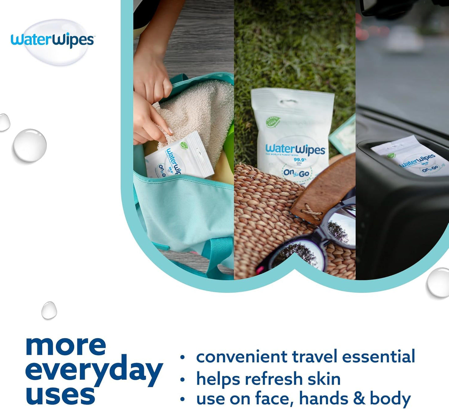 WaterWipes Sensitive+ On The Go Wipes, 224 Count (8 Packs), 3-In-1 Cleans, Cares, Protects, 99.9% Water, Unscented Wet Wipes