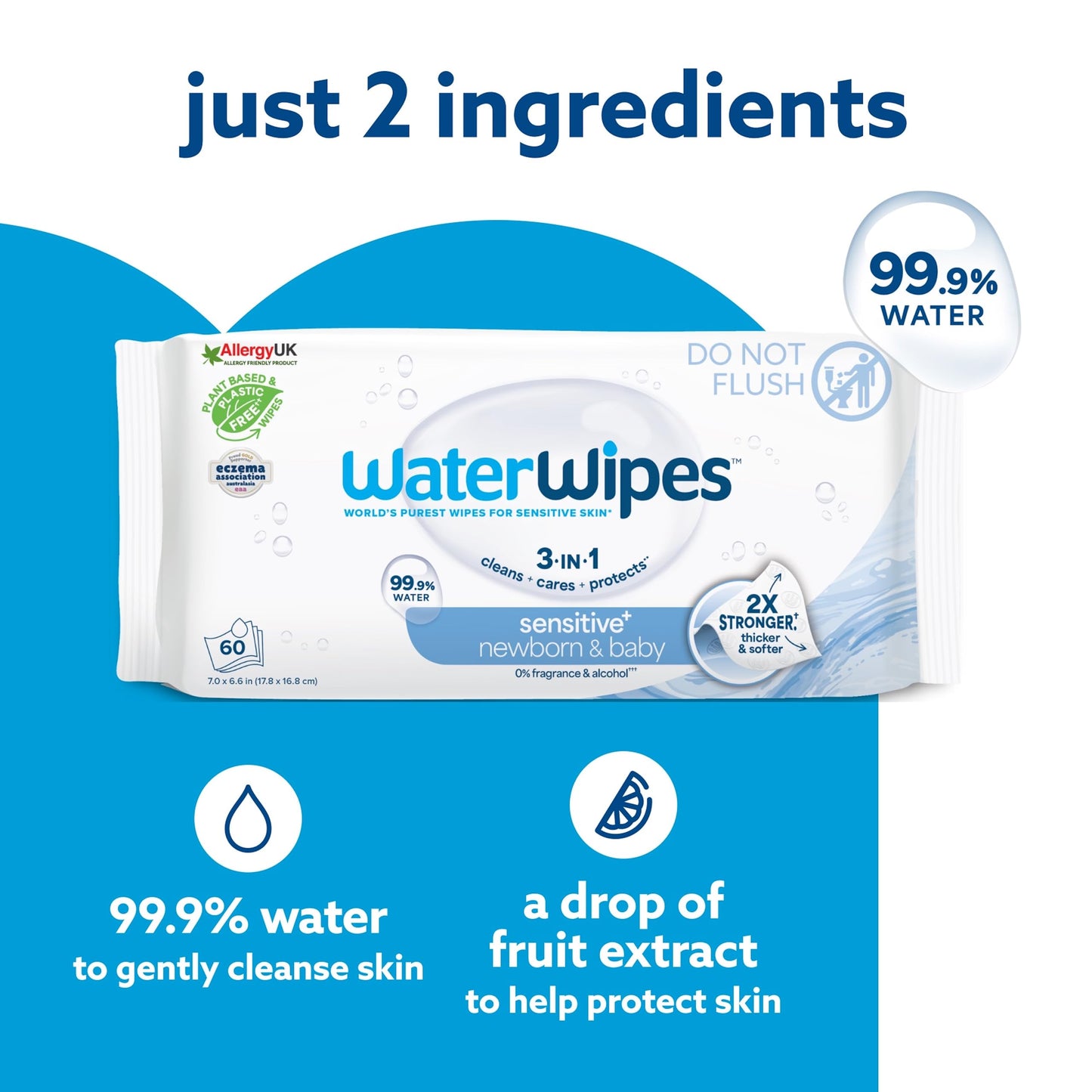 WaterWipes Sensitive+ Newborn & Baby Wipes, 720 Count (12 Packs), 3-In-1 Cleans, Cares, Protects, 99.9% Water, Unscented