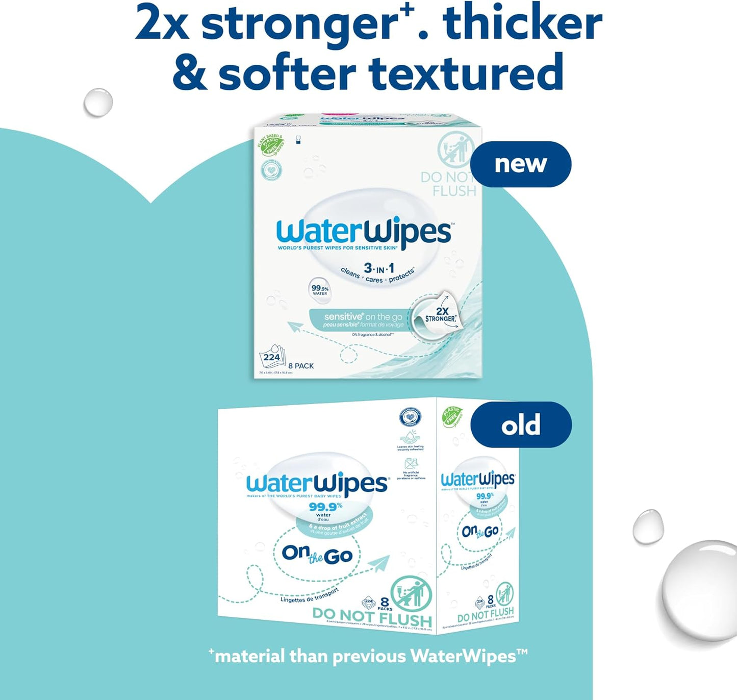 WaterWipes Sensitive+ On The Go Wipes, 224 Count (8 Packs), 3-In-1 Cleans, Cares, Protects, 99.9% Water, Unscented Wet Wipes
