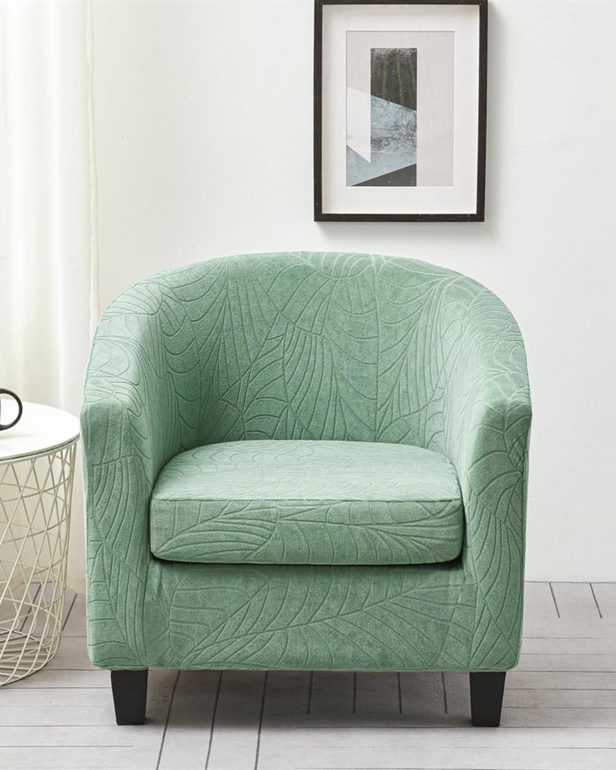 Highdi Tub Chair Cover 2 Piece, Jacquard Bucket Chair Covers Armchair Cover Club Armchair Slipcovers with Seat Cover | Stretch Removable Furniture Protector | Office Bar Reception -Green