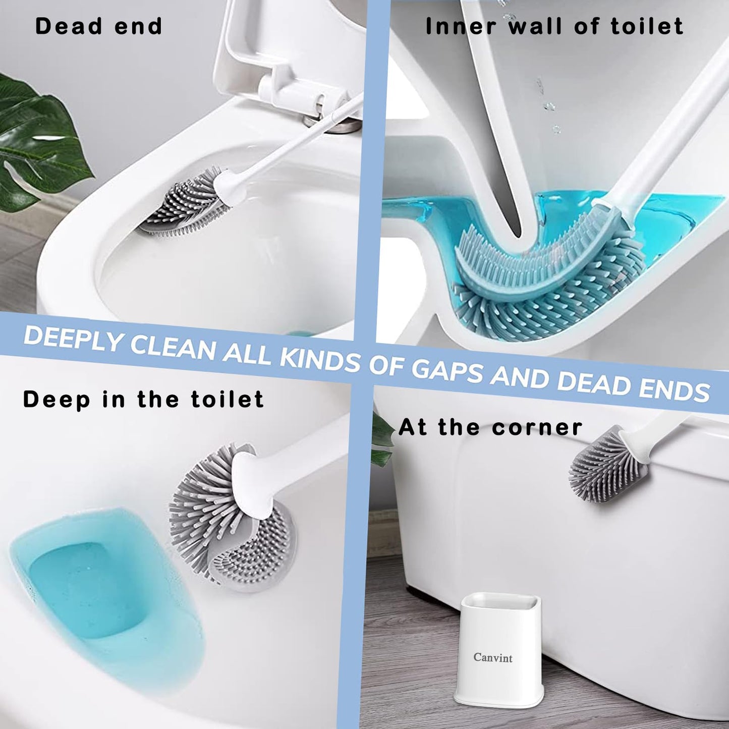 Toilet Brush, 2 Pack Bathroom Silicone Toilet Brushes and Holder Sets with No-Slip Long Plastic Handle and Soft Flexible Bristles, Toilet Brushes with holders and Base for Anti-drip (White)