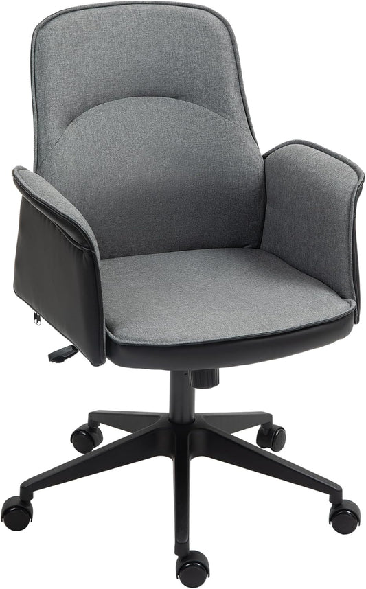 HOMCOM Home Office Chair, Upholstered Linen Desk Chair with Adjustable Height and Tilt Function, Swivel Chair for Home Office and Study Room, Grey