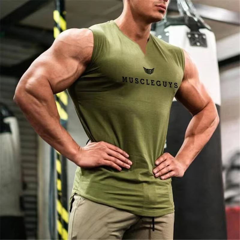 Brand Gym Clothing V Neck Compression Sleeveless Shirt Fitness Mens Tank Top Cotton Bodybuilding Tanktop Workout Vest