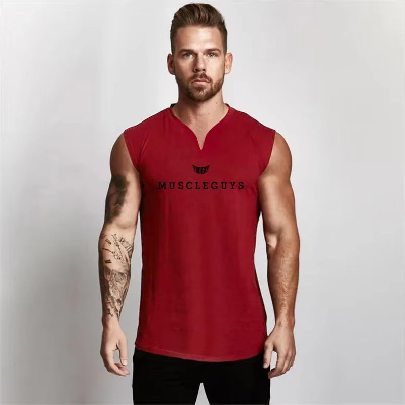 Brand Gym Clothing V Neck Compression Sleeveless Shirt Fitness Mens Tank Top Cotton Bodybuilding Tanktop Workout Vest