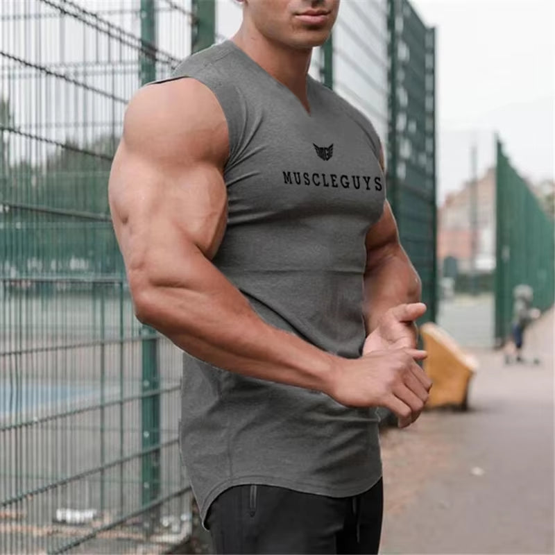 Brand Gym Clothing V Neck Compression Sleeveless Shirt Fitness Mens Tank Top Cotton Bodybuilding Tanktop Workout Vest