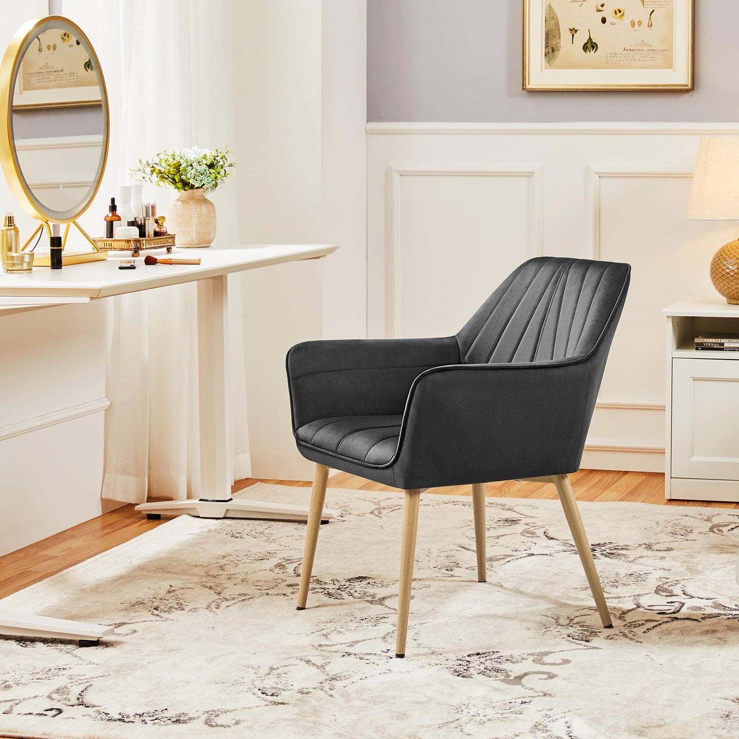 Yaheetech Velvet Tufted Vanity Chair, Modern Armchair with Flared Wide Arms and Metal Legs, Angled Back for Make up Room/Living Room/Bedroom, Dark Gray